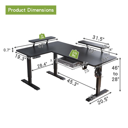 Radlove 63-Inch Large Electric Height Adjustable Computer L-Shaped Desk with Memory Controller Corner Standing Desk Modern Workstation with Splice Board Ergonomic Desk (Black Frame + Black Top)