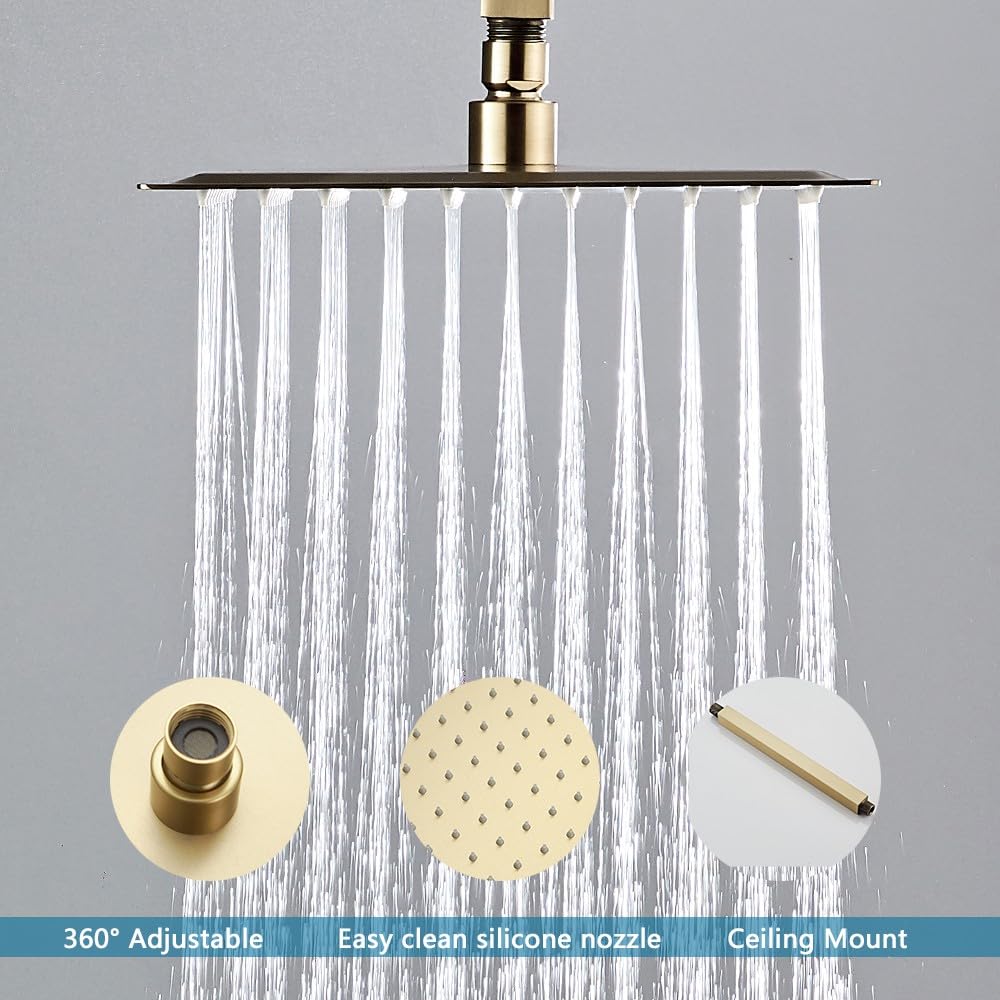 JingGang 10 Inch Ceiling Mounted Shower System Rain Mixer Shower Combo Set Rainfall Shower Head System ‎Brushed Gold Shower Faucet Rough-in Valve Body and Trim Included