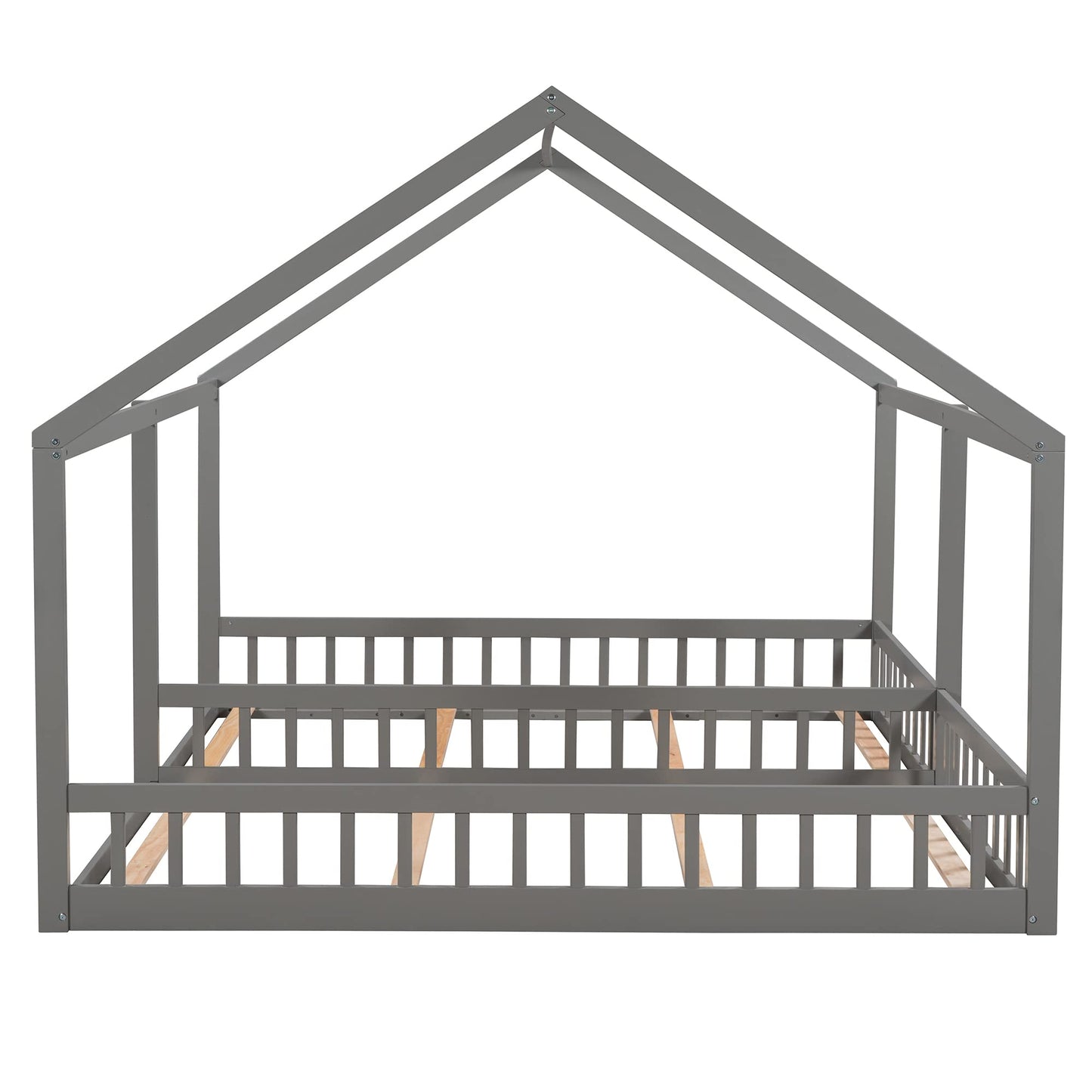 Merax Double Twin Kids House Shaped Low Platform Beds, Wood Floor Bed Frame for Boys, Girls, No Box Spring Needed Easy Assemble (Twin,Grey
