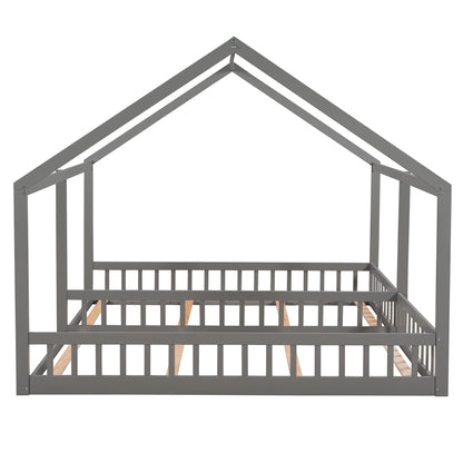 Merax Double Twin Kids House Shaped Low Platform Beds, Wood Floor Bed Frame for Boys, Girls, No Box Spring Needed Easy Assemble (Twin,Grey