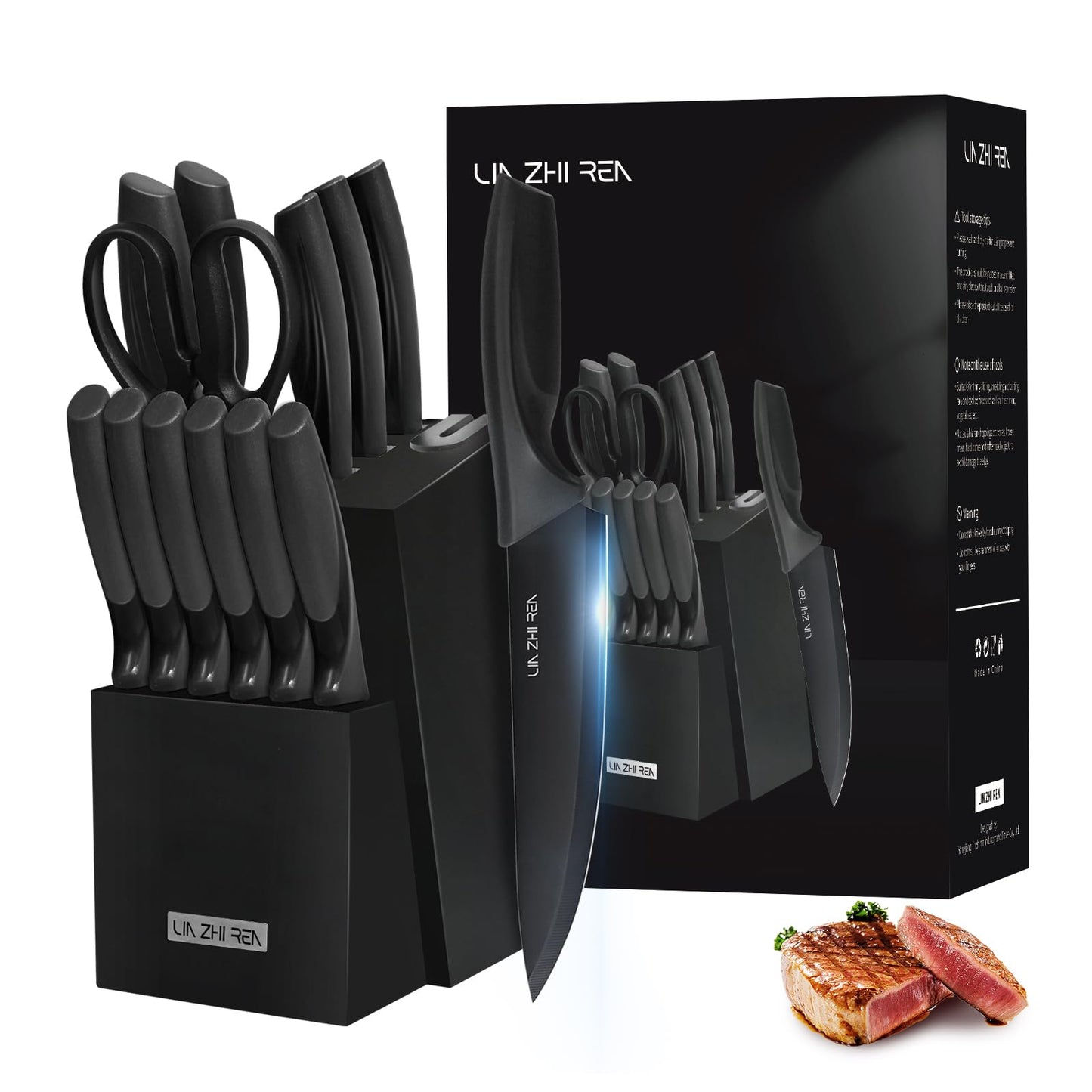 15-Piece Kitchen Knife Set with Block & Sharpener