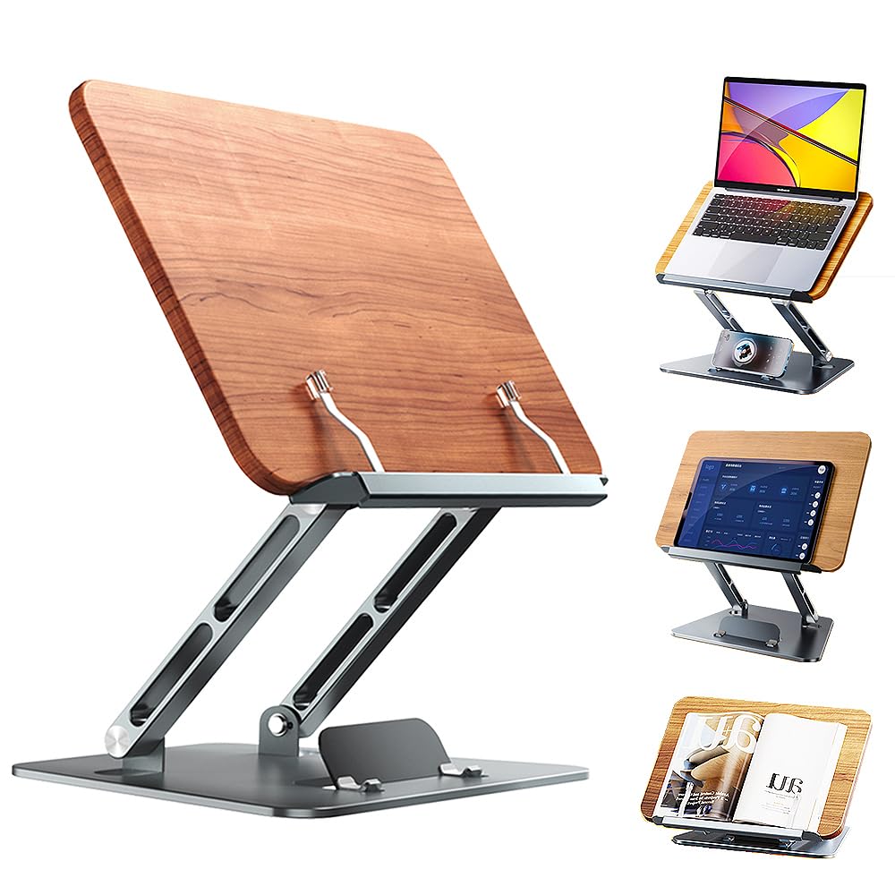 SOARCHICK Ergonomic Computer Stand for Laptop Foldable Book Stand for Reading Angle Height Adjustable Cookbook Stand Wood&Metal Portable Laptop Holder Riser Compatible with MacBook Pro/Air up to 17"