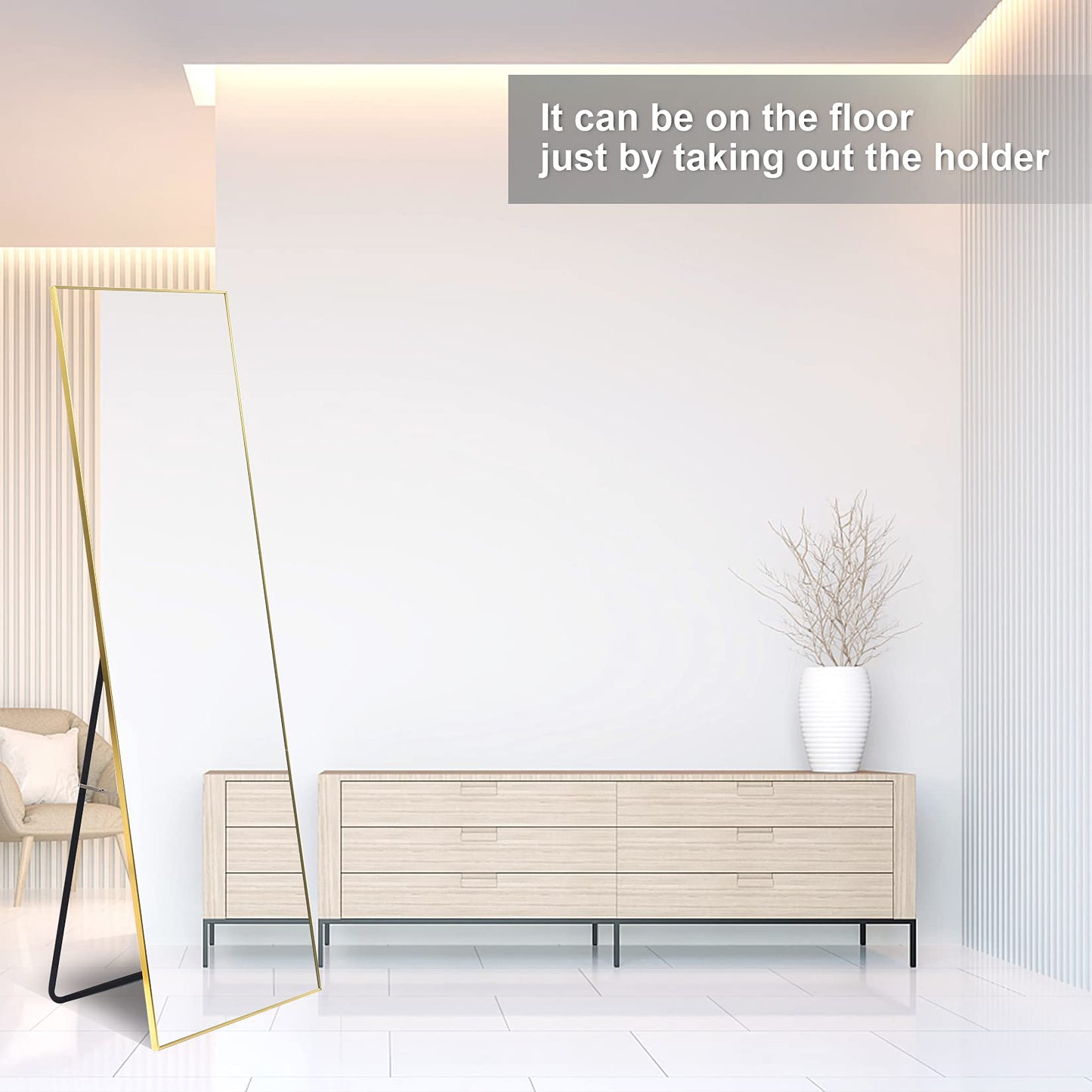 YSSOA Full Length Mirror, Floor Mirror with Stand,Wall-Mounted Dressing Mirror, Bedroom Mirror with Aluminium Frame 65"x22", Gold