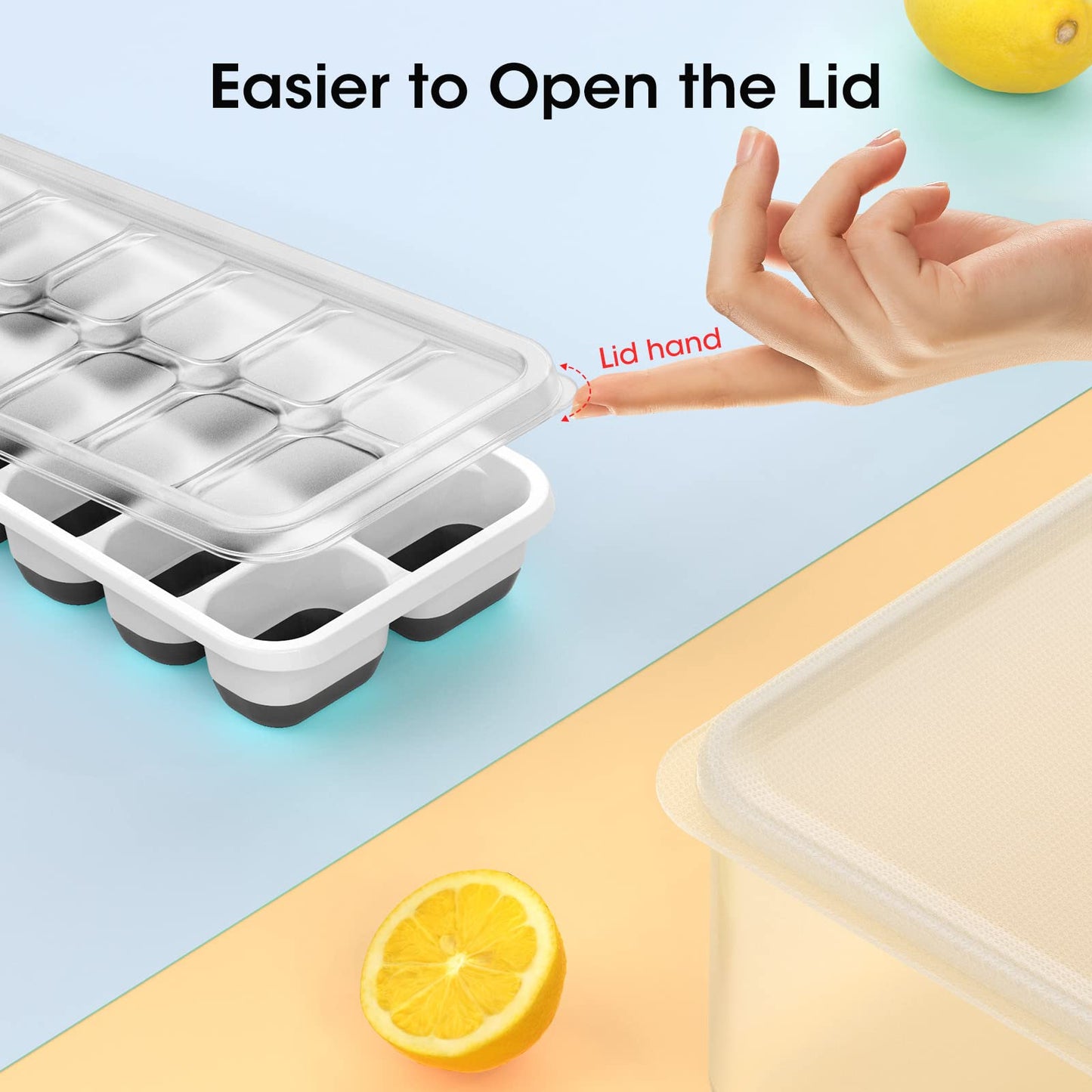 DOQAUS Ice Cube Tray with Lid and Bin, 4 Pack Silicone Plastic Ice Cube Trays for Freezer with Ice Box, Ice Trays with Ice Container, Stackable Ice Tray with Storage Ice Bucket,Ice Tong,Ice Scoop