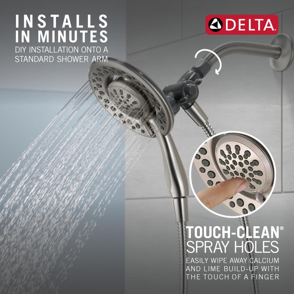 Delta Faucet 4-Setting In2ition 2-in-1 Dual Shower Head with Handheld, Brushed Nickel Round Shower Head with Hose, Detachable Shower Head, Hand Held Shower Head, SpotShield Stainless 75486CSN