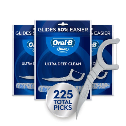 Oral-B Glide Ultra Deep Clean Floss Picks, Removes Food and Plaque, Cool Mint Flavor, 75 Floss Picks, Pack of 3