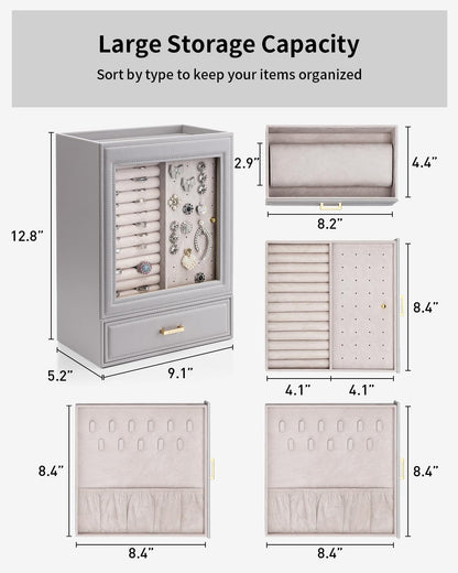 Vlando Large Jewelry Organizer with Glass Window Jewelry Box for Necklaces Earrings Rings Bracelets Watches Jewelry Storage Case Mothers Day Gift for Mom Wife Women Girls (Grey)