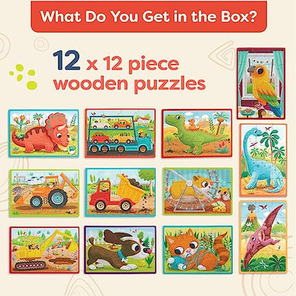 3-Pack Wooden Puzzles for Kids - Pets, Dinos, Trucks