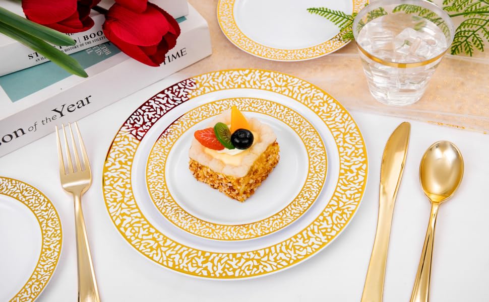 GATHER 300Pcs Gold Plates-Gold Plastic Dinnerware for 50 Guests-Disposable Lace Plates for Party Include: 100 Gold Plastic Plates Disposable, 50 Gold Silverware, 50 Cup for Mother's Day