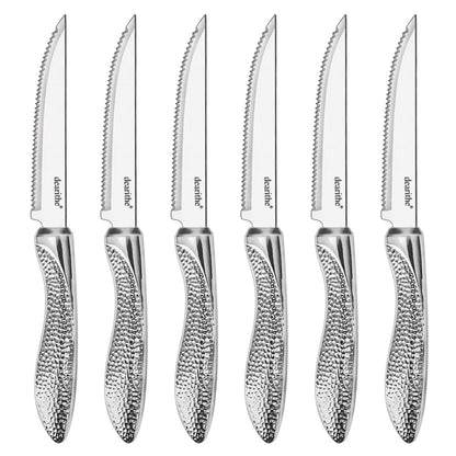 dearithe Steak Knives Set of 6, Stainless Steel Serrated Sharp Blade Steak Knife Set, Hammered Pattern Handle,4.5 In,For Kitchen Restaurant Tableware, Dishwasher Safe