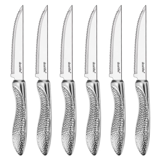 dearithe Steak Knives Set of 6, Stainless Steel Serrated Sharp Blade Steak Knife Set, Hammered Pattern Handle,4.5 In,For Kitchen Restaurant Tableware, Dishwasher Safe