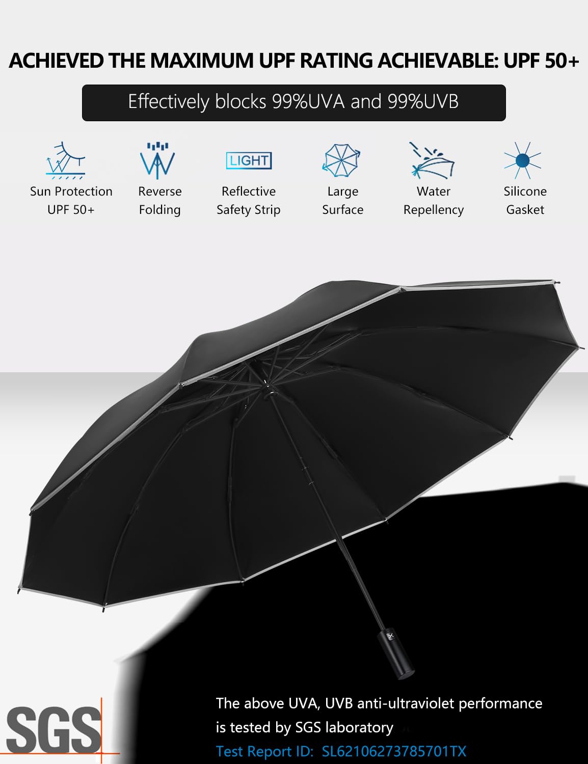 XIXVON Umbrella Pro (10 Ribs, Black) | UPF 50+ 99% UV Protection, Reflective Safety Strip, Sturdy Windproof, Travel Portable, Automatic | Reverse Folding Umbrella