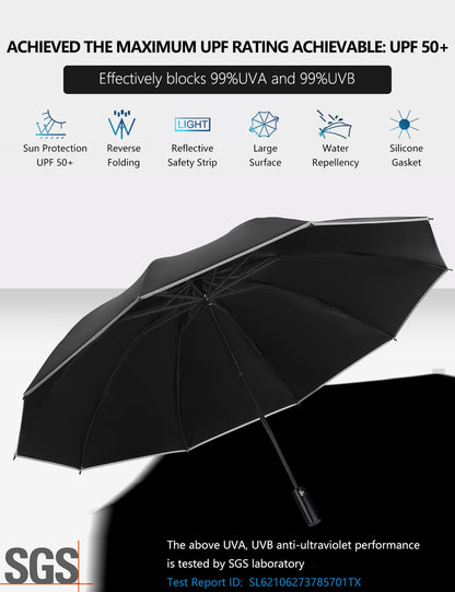 XIXVON Umbrella Pro (10 Ribs, Black) | UPF 50+ 99% UV Protection, Reflective Safety Strip, Sturdy Windproof, Travel Portable, Automatic | Reverse Folding Umbrella