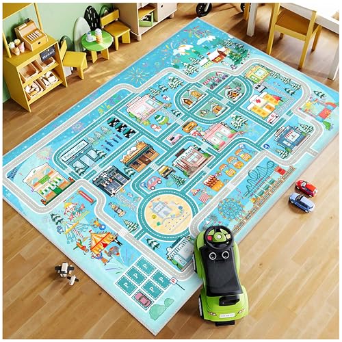 Kids City Road Play Rug, Washable Non-Slip Carpet