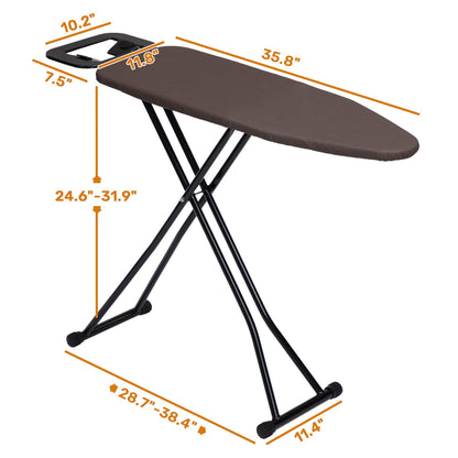 ALIMORDEN Space Saver Ironing Board 36" X 12" with Smart Hanger Adjustable Height 23.8"-30.7" Easy Storage, Padded Top Lightweight for Home Laundry Room Use Brown