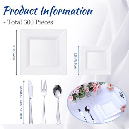 UPDATE: DEAD! 300 Pieces Square Plastic Dinner Plates Bulk White Plastic Dinnerware Set Include 60 Dinner Plates 60 Dessert Plates 60 Forks 60 Spoons 60 Knives Disposable Plates Set for Parties Wedding Picnics