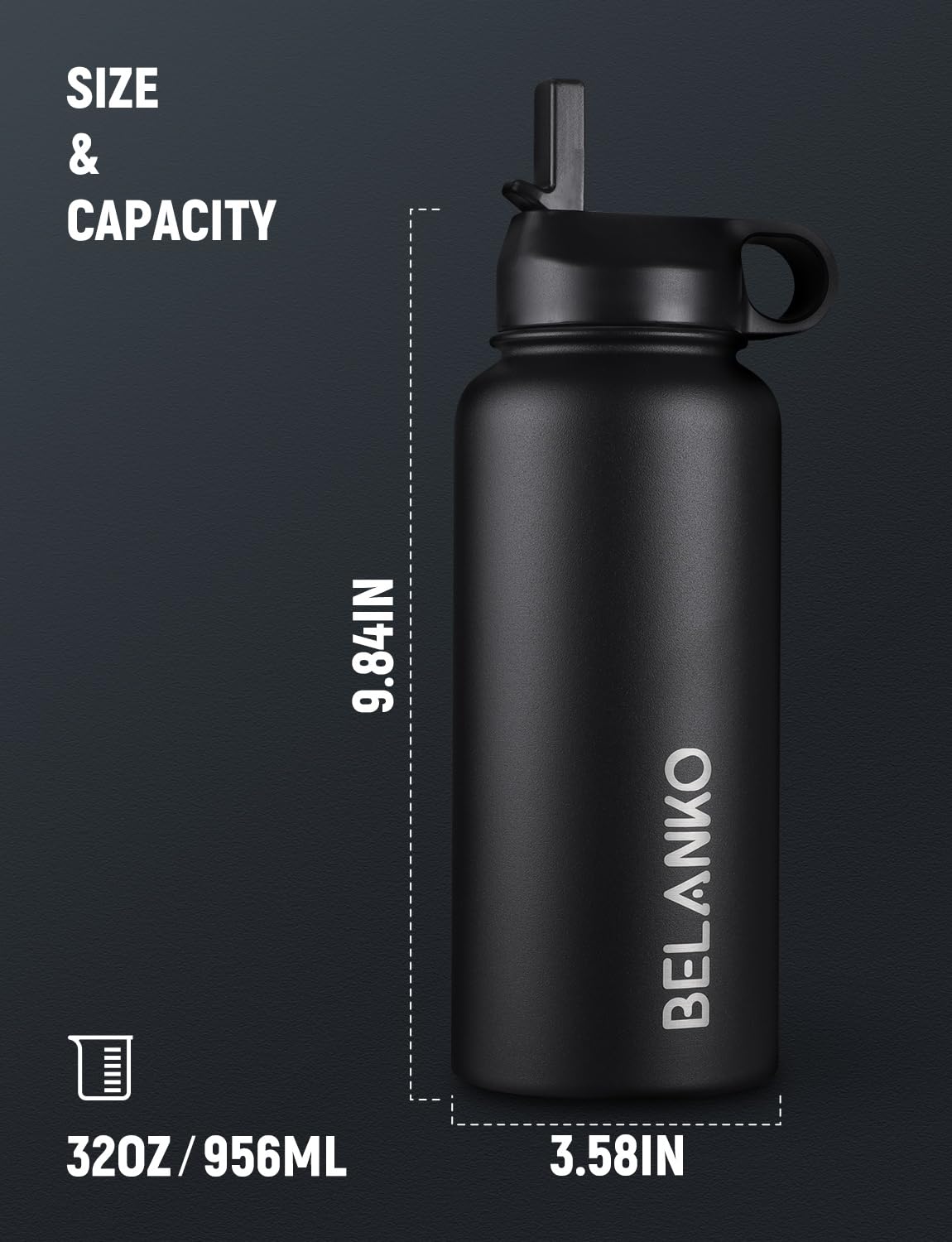 BELANKO 32 Oz Insulated Stainless Steel Water Bottle