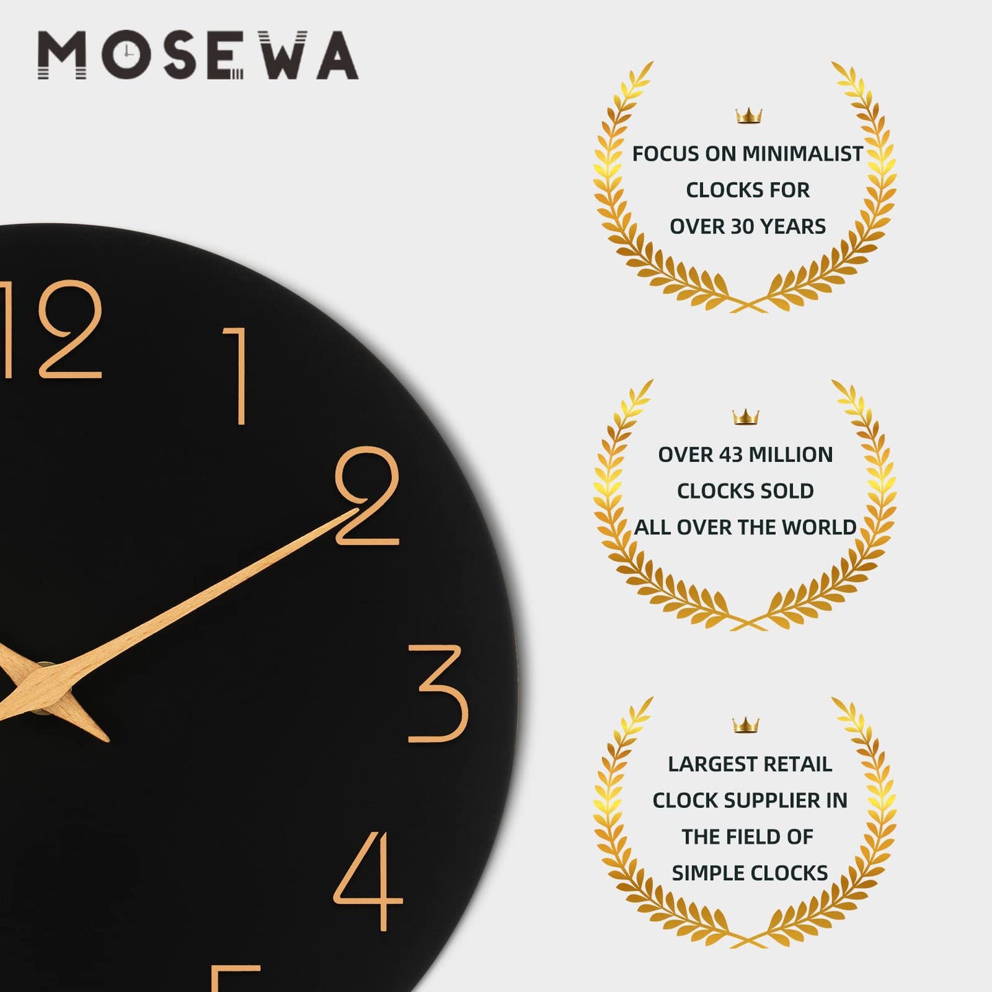 Mosewa Wall Clock 8 Inch Black Wall Clocks Battery Operated Silent Non-Ticking - Simple Minimalist Rose Gold Numbers Clock Decorative for Bedroom,Living Room, Kitchen,Home,Office