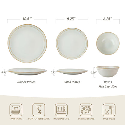 Famiware Aegean Stoneware Dinnerware Set for 8, Plates and Bowls Sets, 24 Pieces Scratch Resistant Dinner Set, Handmade Irregular Round Dishes - Microwave and Dishwasher Safe, Cappuccino White