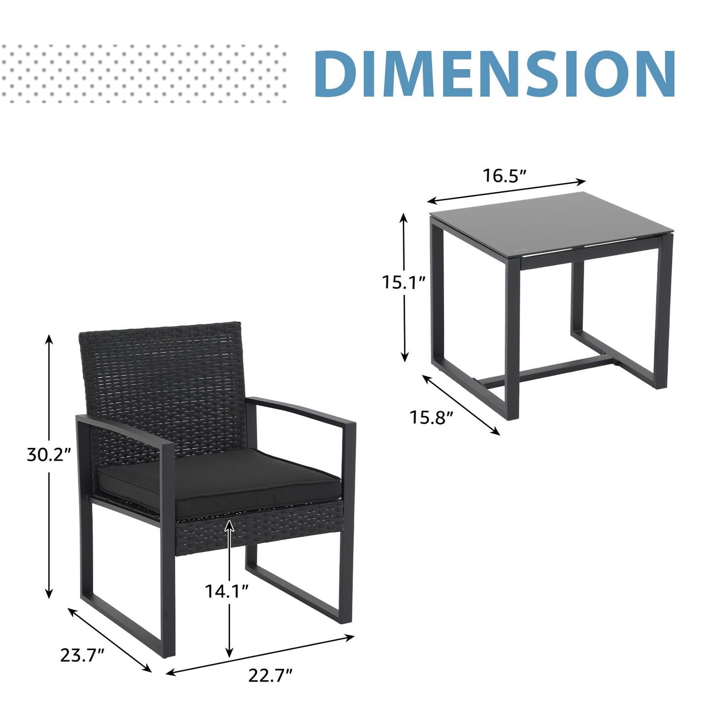 JOIVI 3 Pieces Patio Bistro Set, PE Wicker Outdoor Patio Furniture Set, Modern Rattan Patio Chairs with Coffee Table, Patio Conversation Sets for Balcony, Front Porch, Garden, Poolside, Black Cushions