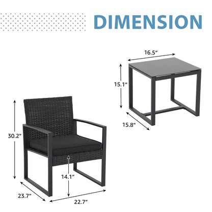 JOIVI 3 Pieces Patio Bistro Set, PE Wicker Outdoor Patio Furniture Set, Modern Rattan Patio Chairs with Coffee Table, Patio Conversation Sets for Balcony, Front Porch, Garden, Poolside, Black Cushions