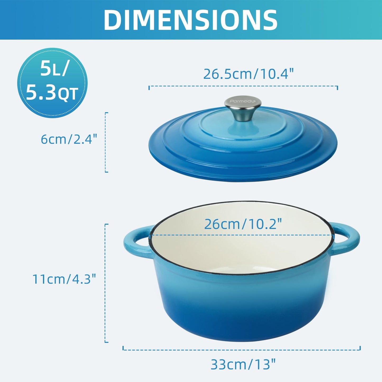 Parmedu 5.5 Quart Enameled Cast Iron Dutch Oven Pot Heavy Duty with Lid and Dual Handles, Silicone Accessories Included, Ideal for Braising, Stewing, Roasting and Baking, Blue