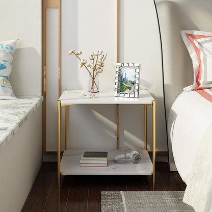 IOTXY Home Square Coffee Table - 15.7" Small 2-Tier End Table with Open Storage Shelf, White Wooden Table Top Gold Metal Frame Side Table