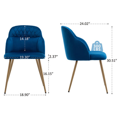 MINPINSER Velvet Dining Chairs Sets of 2, Modern Upholstered Accent Side Chairs with Arm Gold Metal Legs for Kitchen Living Bed Room, Blue