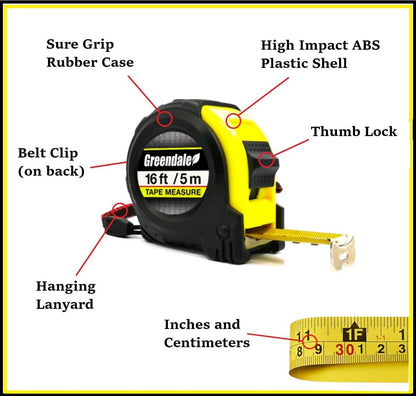 Greendale - 4 Pack of 16ft Tape Measures - Retractable, Auto Lock, Metric and Imperial (feet and centimeters), Tough Outer Shell Protection