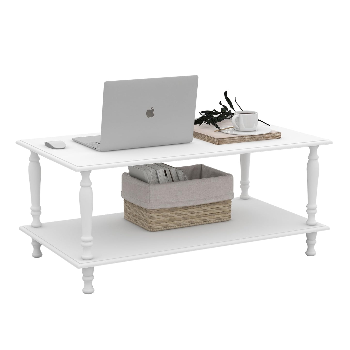 39 Inch Boho White Coffee Table with Storage