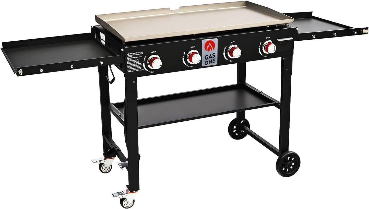 Gas One Propane Burner Grill–36-Inch Flat Top Grill Griddle Cooking Station–Foldable 4 Burner Propane Grill with Pre-Seasoned Griddle–Professional Burners for Outdoor Cooking with Side Shelves, Black