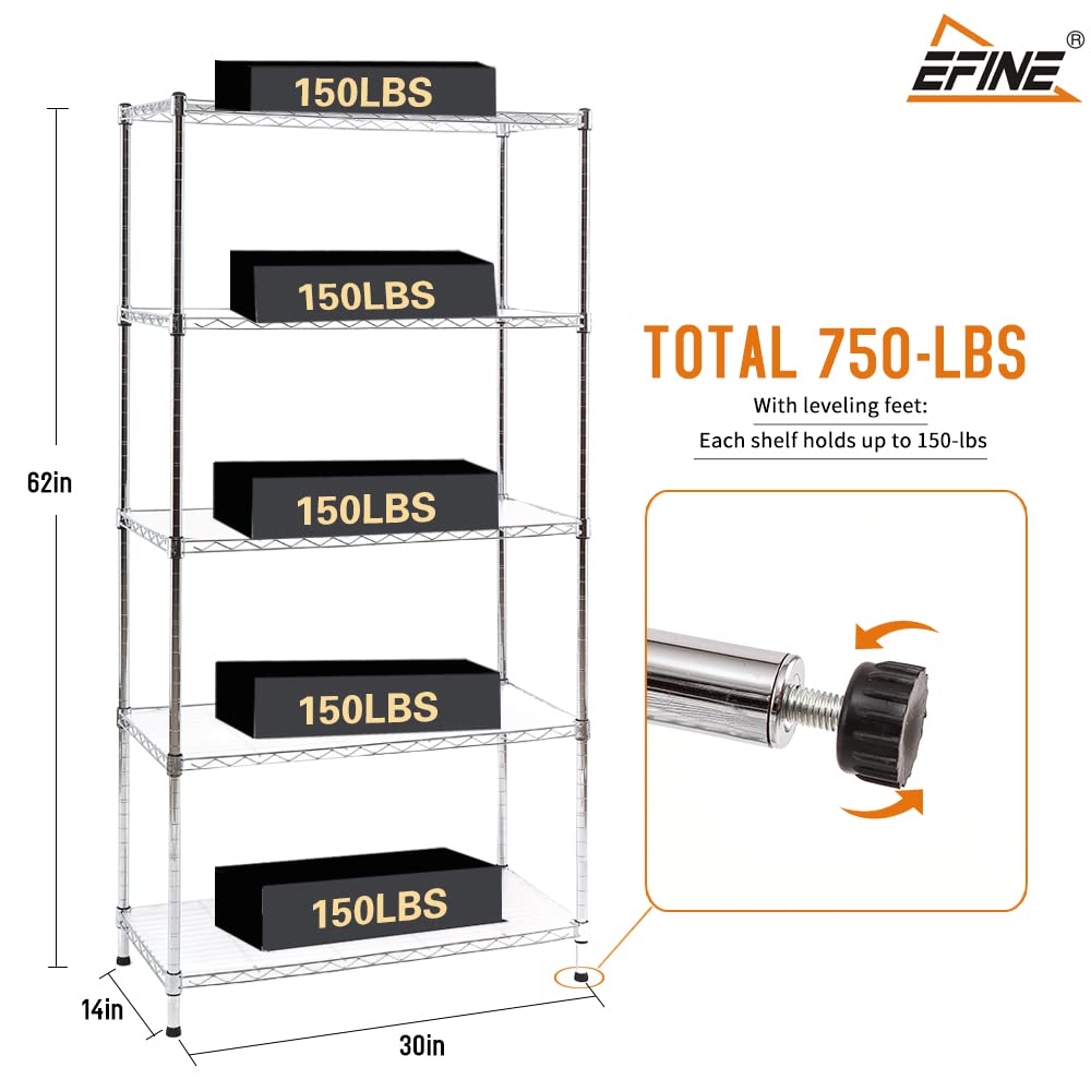 EFINE 2-Pack Chrome 5-Shelf Shelving Unit with 5-Shelf Liners, Adjustable, Metal Wire Shelves, 150lbs Loading Per Shelf, Shelving Units and Storage for Kitchen and Garage (30W x 14D x 60H)