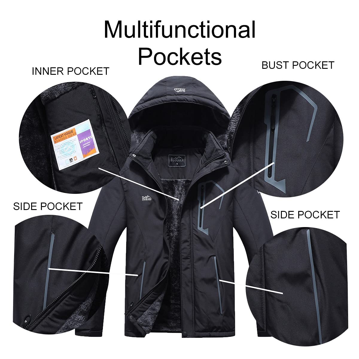 Pooluly Men's Ski Jacket Warm Winter Waterproof Windbreaker Hooded Raincoat Snowboarding Jackets Black-L