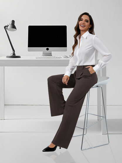 COPYLEAF Womens Dress Pants Wide Leg Stretchy Work Pants with Pockets Elastic Waist Pleated Front Business Casual Slacks(Brown M)