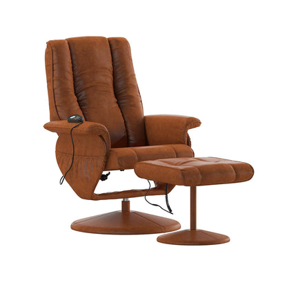 Flash Furniture Hall Massaging Heat Controlled Adjustable Recliner and Ottoman with Wrapped Base in Brown LeatherSoft