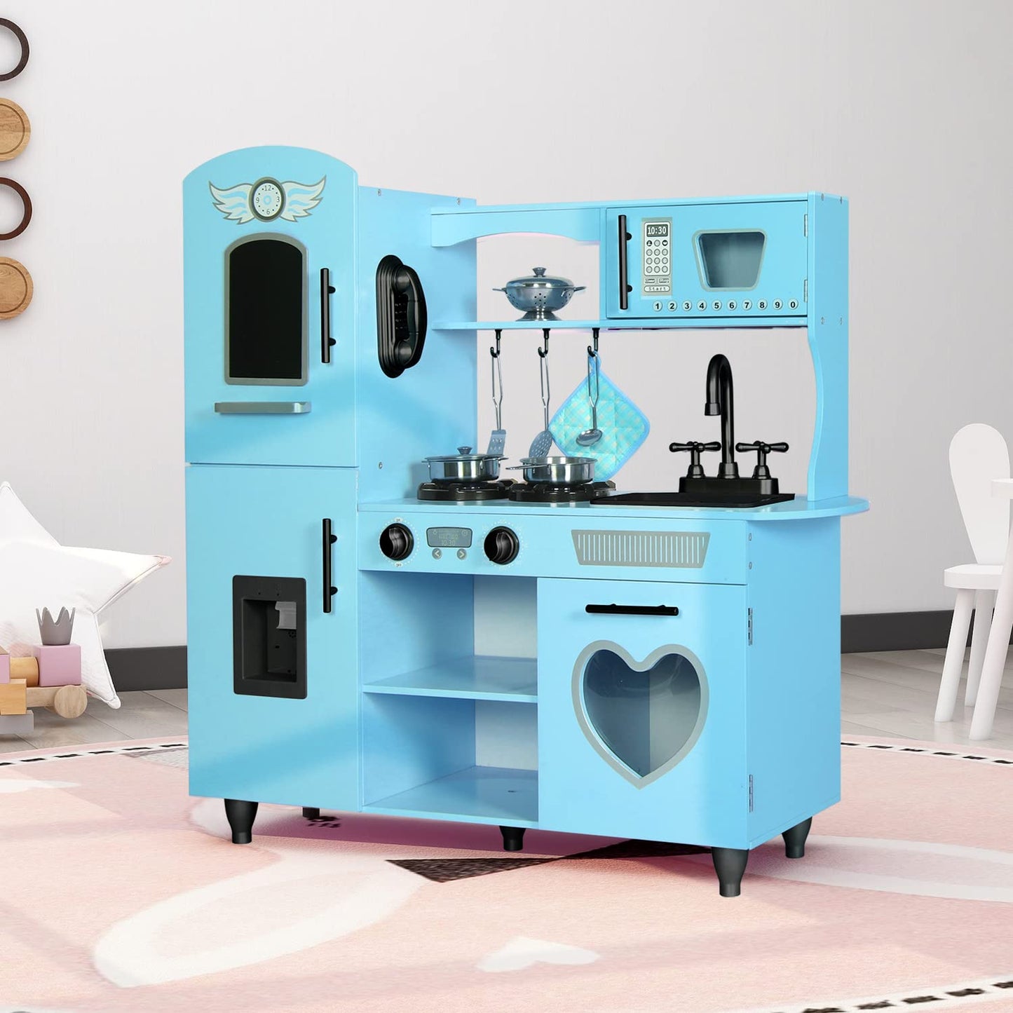 TaoHFE Toy Kitchen,Blue Kids Kitchen Playset for Kids Ages 4-8 Boys Gift Girls Play Kitchen Sets for Kids Kitchen Playset with Lights & Sounds Wooden Toy Kitchen Playset Gift Kids Kitchen Set