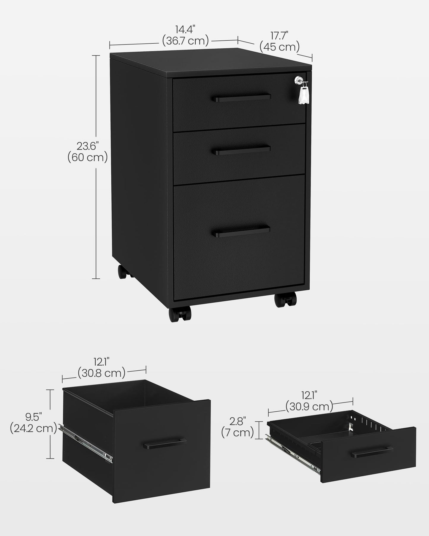 SONGMICS File Cabinet, Pre-Assembled Except Wheels and Handles, Office Filing Cabinet with Lock, for A4, Legal, Letter Sized Documents, 17.7 x 14.4 x 23.6 Inches, Matte Black UOFC110B02