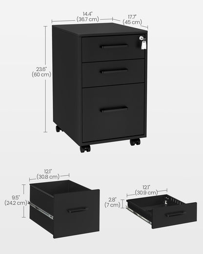 SONGMICS File Cabinet, Pre-Assembled Except Wheels and Handles, Office Filing Cabinet with Lock, for A4, Legal, Letter Sized Documents, 17.7 x 14.4 x 23.6 Inches, Matte Black UOFC110B02