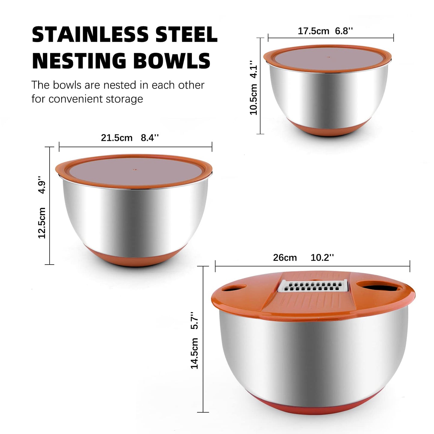 weltonhm Mixing Bowls with Lids Set,3 Pieces Stainless Steel Nesting Bowls Vegetables Slicer Non-Slip Mixing Bowl for Baking Prepping Cooking(Orange)