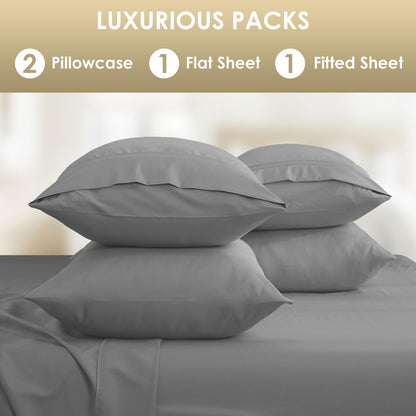 Luxury Silky Soft Bed Sheet Set, 4 Piece,Twin Size, Fits 16 inch Deep Pocket Mattresses, Wrinkle Free & Breathable Cooling, Light Grey Bedding Sheets (Fitted Sheet, Flat Sheet, Pillowcases)