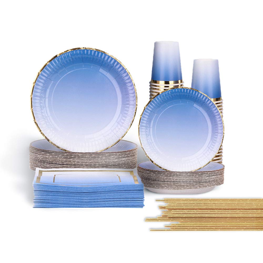 Ottin 250PCS Ombre Royal Blue Party Supplies Paper Plates and Napkins Set for Birthday Wedding Party Bridal Shower Mother's Day Blue Themed Party