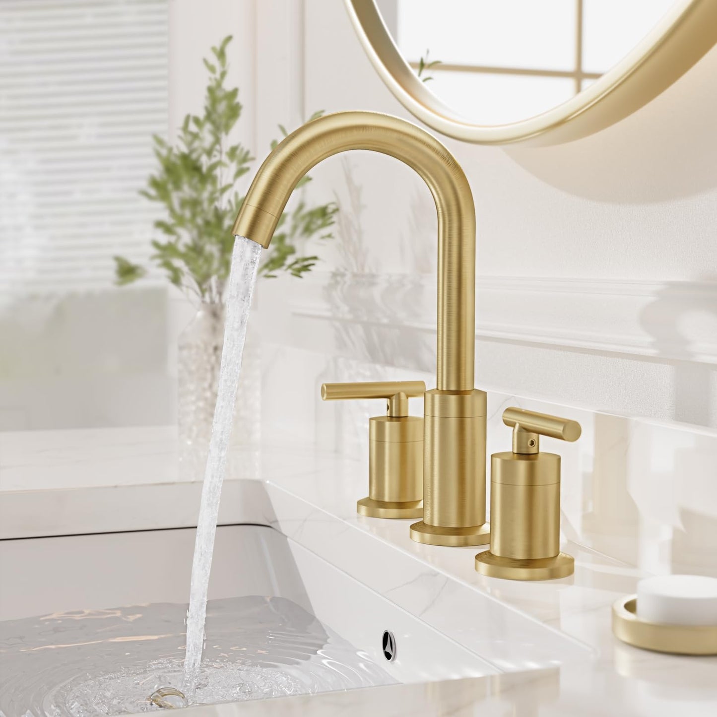 Phiestina Brushed Gold Bathroom Sink Faucet, Widespread 8 Inch 3 Hole Rotatable 360 Degree Modern Bathroom Faucet, with Pop Up Drain and Water Supply Line, WF03-1-BG