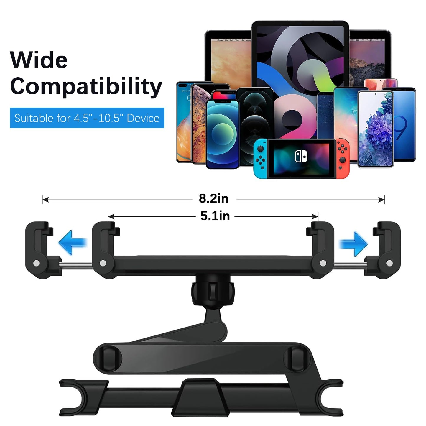 Tablet Holder for Car - Car Tablet Holder, [3 in 1 Extension Arm] Long Trip Car Tablet Mount, Road Trip Essentials, Car Backseat Tablet Mount Compatible with 4-12" Tablets & Headrest Rod (Black)