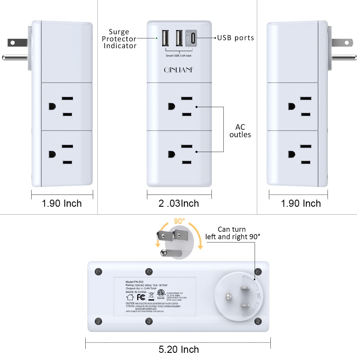 USB Outlet Extender Surge Protector - QINLIANF Multi Plug Outlet with Rotating Plug, 3-Sided Swivel Power Strip with 6 AC Spaced Outlet Splitter and 3 USB Ports (1 USB C) for Travel, Home, Office,ETL