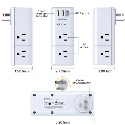 USB Outlet Extender Surge Protector - QINLIANF Multi Plug Outlet with Rotating Plug, 3-Sided Swivel Power Strip with 6 AC Spaced Outlet Splitter and 3 USB Ports (1 USB C) for Travel, Home, Office,ETL
