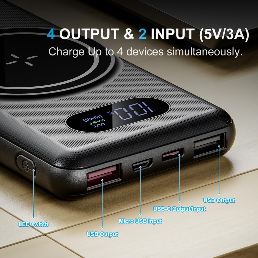 YUMGOOD Magnetic Power Bank for Magsafe iPhone, 10000mAh Wireless Fast Charging Portable Charger, USB C PD 20W QC3.0 4 Output Slim External Battery Pack for iPhone 15 14 13 12 Pro Max/Pro/Plus/Mini