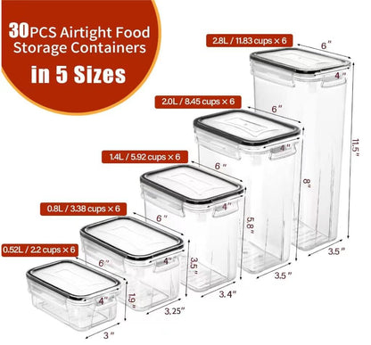 PRAKI 30 Pack Airtight Food Storage Containers for Kitchen Pantry Organizers and Storage, Plastic Kitchen Storage Canisters with Lids,Cereal, Flour & Sugar Containers - Labels, 6 Spoon & Marker