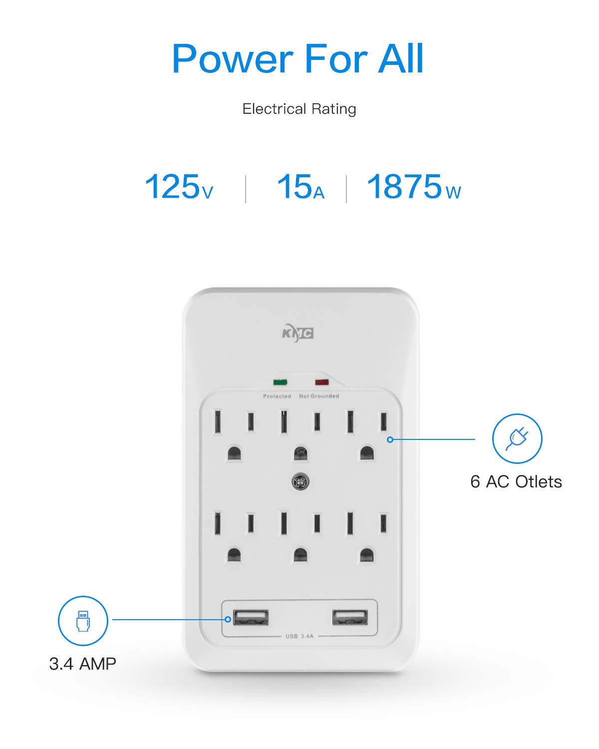 KMC 6-Outlet Surge Protector with 2 USB Ports