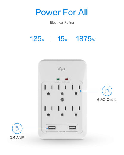 KMC 6-Outlet Surge Protector with 2 USB Ports