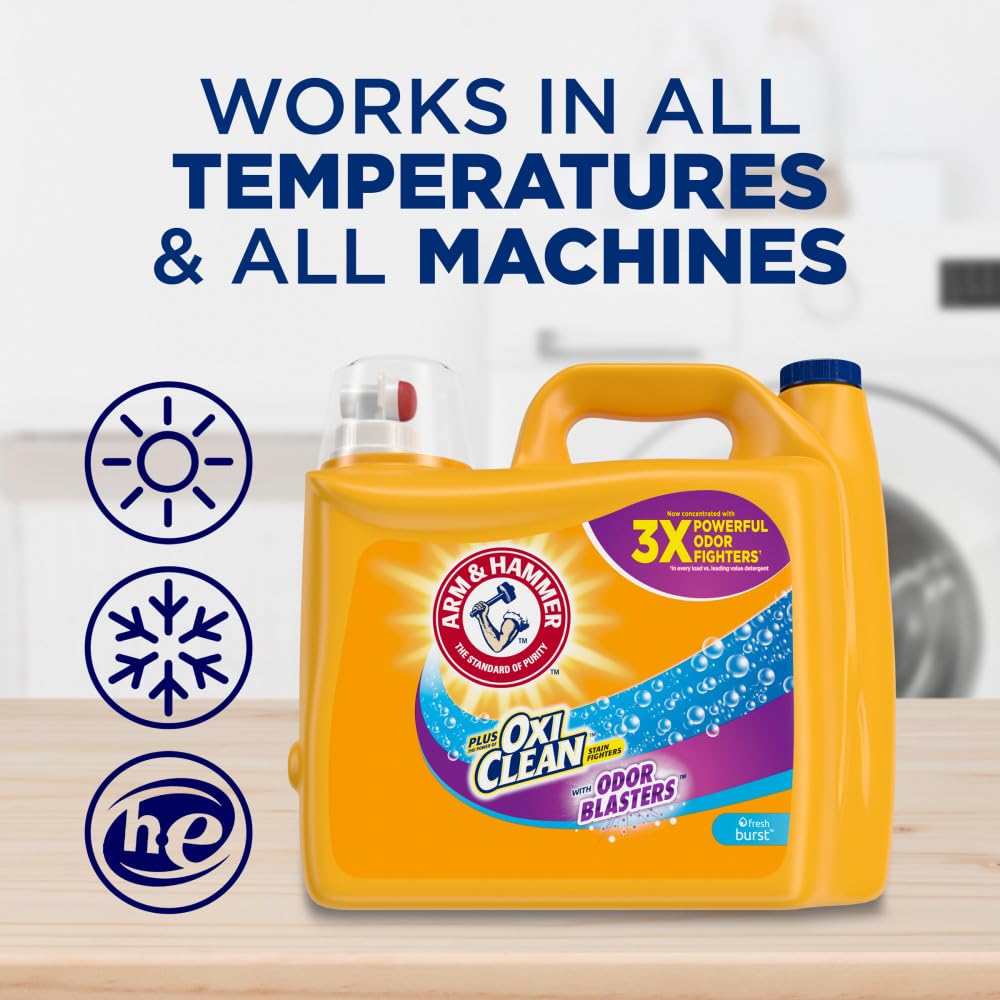 Arm & Hammer Plus OxiClean Odor Blasters Fresh Burst, 128 Loads Liquid Laundry Detergent, 166.5 Fl oz